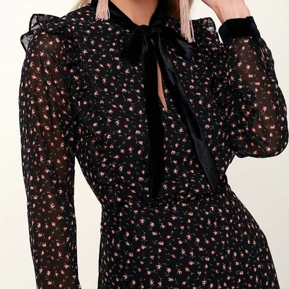 LUSH| Feminine Sheer Black Floral Red Rose Long Sleeve Ruffled Dress Sz S - Picture 2 of 7